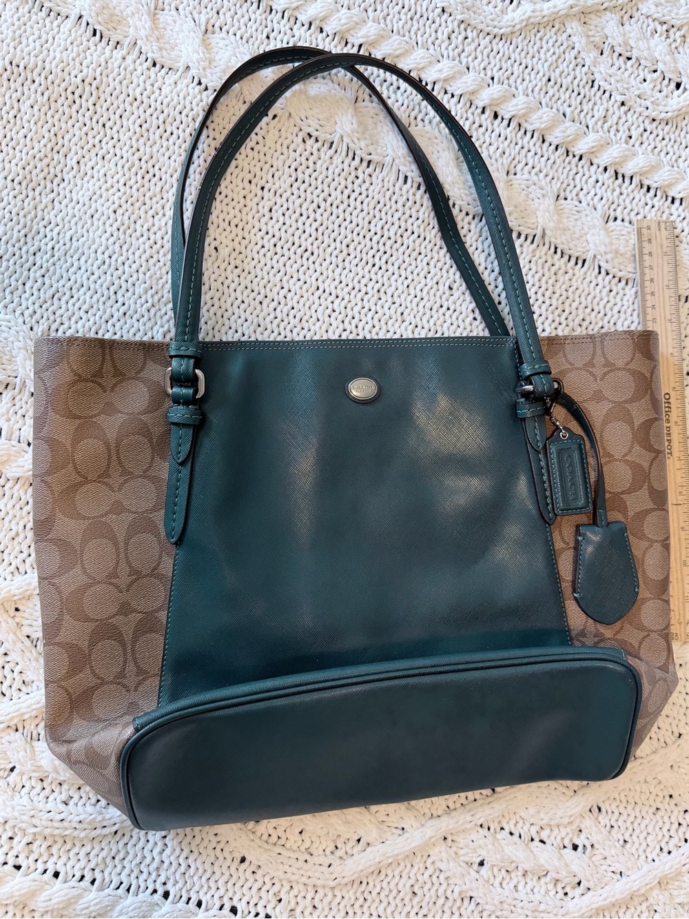 Coach Teal and Brown Signature Canvas Tote